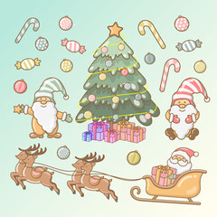 vector hand drawn christmas element collection with santa claus and christmas tree