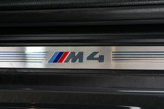 Alluminum BMW M4 door sill with model name inscription - High Resolution Image
