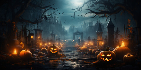 Halloween background with scary pumpkins candles in the graveyard black and white - obrazy, fototapety, plakaty