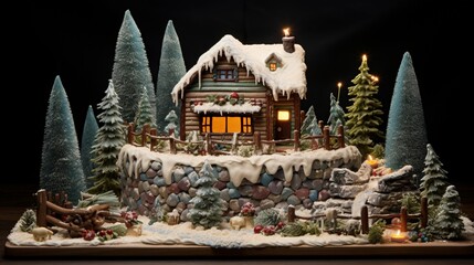 A cake for an 82nd birthday, adorned with a number 82 candle and a cozy winter cabin-themed decoration.