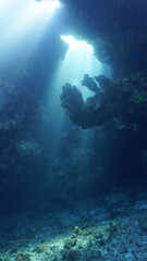 Naklejka na ściany i meble Underwater photo of rays of sunligt inside a cave