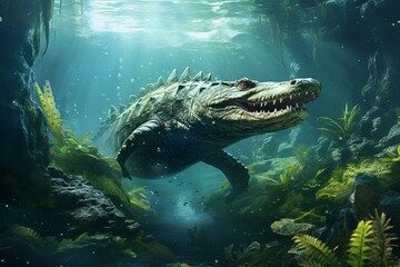 Explore pristine natural beauty: high-resolution submerged scene featuring crocodile and freshwater fish in lush green water, capturing intricate details and vivid rendering. Generative AI