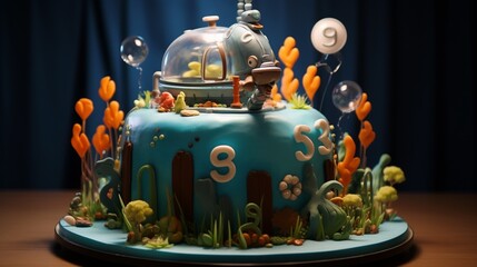 A cake for an 85th birthday, adorned with a number 85 candle and an underwater submarine adventure decoration.