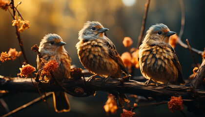 Small bird perching on a branch, watching nature beauty generated by AI