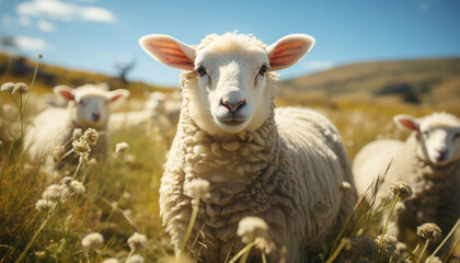 Obraz premium Cute lamb grazing in green meadow, surrounded by flock of sheep generated by AI