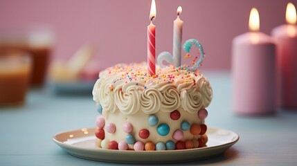 A cute and tiny cake for a sixth birthday, topped with a miniature number 6 candle and pastel decorations. - obrazy, fototapety, plakaty