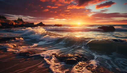 Sunset over the tranquil coastline, waves crashing on sandy shores generated by AI