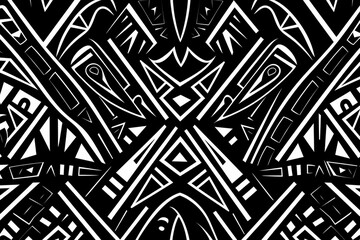 Geometric indigenous pattern with ornamental motifs, seamlessly repetitive in black and white. Generative AI