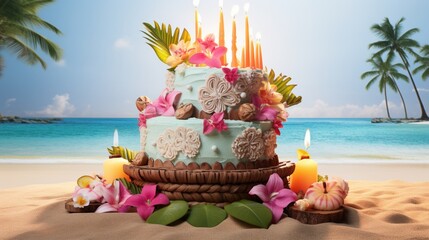 A cake for a 23rd birthday, featuring a number 23 candle and a tropical luau decoration.