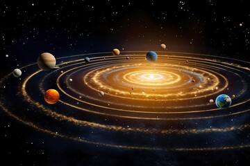 Our 3d Solar system with planets in orbits path.