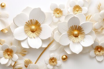 3d gold flowers white backgroung.