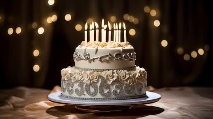 A cake for a 25th birthday, adorned with a number 25 candle and a silver and gold elegant...