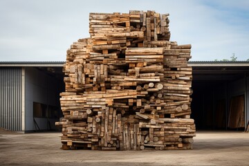 a stack of timber in front of a structure. Generative AI
