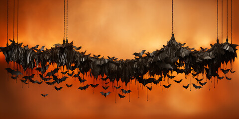 Halloween decorations, bats, ghosts on orange background - obrazy, fototapety, plakaty
