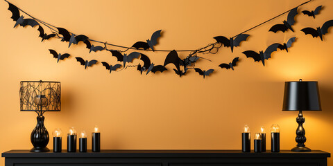 Halloween decorations, bats, ghosts on orange background - obrazy, fototapety, plakaty