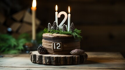 A cake for a 27th birthday, featuring a number 27 candle and a woodland, rustic decoration. - obrazy, fototapety, plakaty