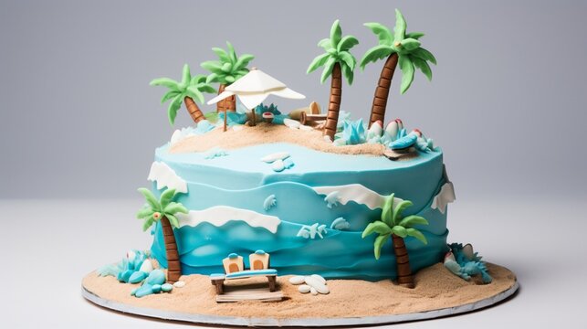 A cake for a 26th birthday, with a number 26 candle and a beach party-themed frosting design.