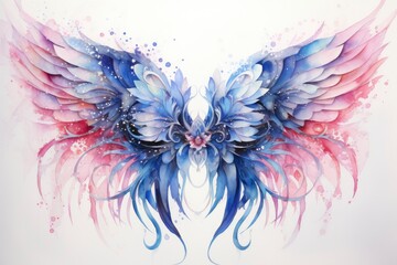 Beautiful magic watercolor blue pink wings.