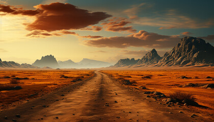 Fototapeta na wymiar Majestic mountain peak, panoramic sunset, dry sand dune, tranquil scene generated by AI