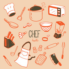 Doodle Chef items. Hand drawn vector illustrator of chef items.