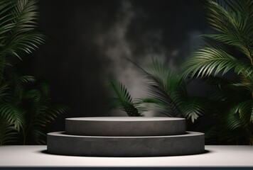 3D podium, stone display set. Jungle, palm leaf