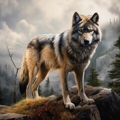 Obraz premium Painting of a realistic wolf nature background image AI Generated art