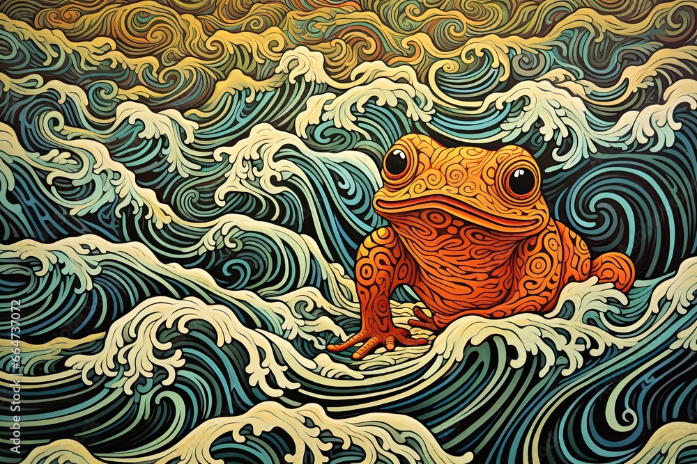 Poster frog color: fragment of artwork on paper with wavy pattern - vibrant and playful spectacle, generati