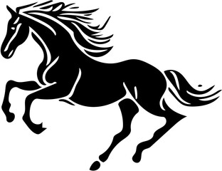 Black and white illustration of a jumping stallion, vector drawing of a stallion