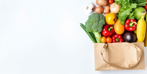 Healthy food in paper bag vegetables and fruits on white background.