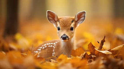 Tuinposter Portrait of baby deer in autumn © Tierney