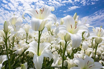 Fototapeta na wymiar Lily White Color Blooming Flower Field Design: Stunning Visuals of a Serene and Captivating Floral Landscape, generative AI