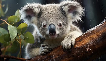 Cute koala, marsupial, furry, endangered, tree, young, looking, mammal generated by AI