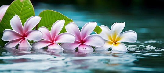 Plumeria flowers on green leaf floating on water. A peaceful and serene scene with a touch of nature and beauty.