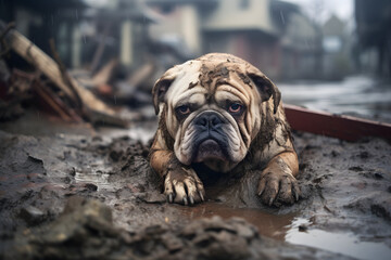 Alone wet and dirty bulldog after disaster on the background of house rubble. Neural network generated image. Not based on any actual scene or pattern.
