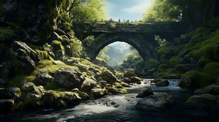 A moss-covered, ancient stone bridge spanning a fast-flowing mountain river in a remote wilderness.