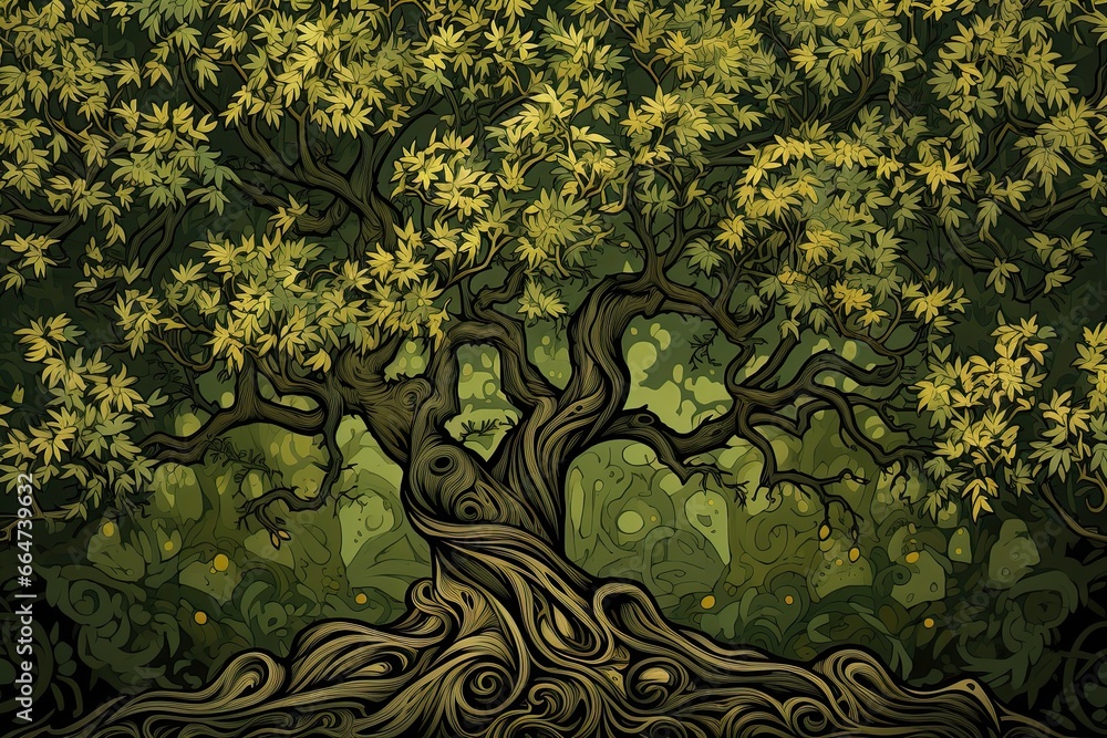 Poster olive green color: ancient tree pattern - captivating digital image showcase, generative ai