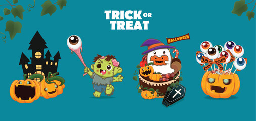 Vintage Halloween poster design with vector zombie, ghost, pumpkin character. 
