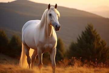 Obraz na płótnie Canvas White horse or mare in the mountains at sunset.