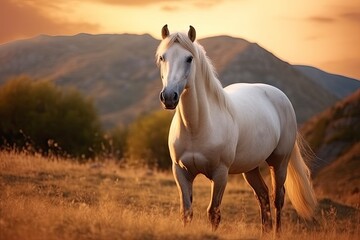 White horse or mare in the mountains at sunset. - obrazy, fototapety, plakaty