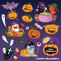 Vintage Halloween poster design with vector ghost, cat, pumpkin character set. 