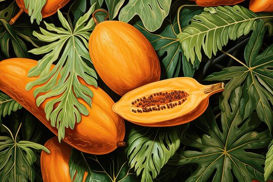 Papaya Orange Color: Captivating Tropical Fruit Pattern, generative AI