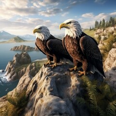 A pair of bald eagles perched on a rugged coastal cliff.