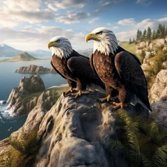 Foto op Plexiglas A pair of bald eagles perched on a rugged coastal cliff. © Anmol