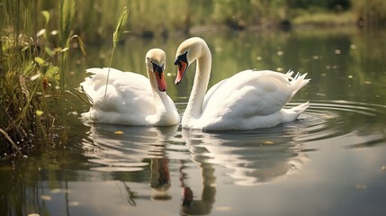 A pair of graceful swans gliding on a glassy, reflective lake, framed by reeds and water lilies.