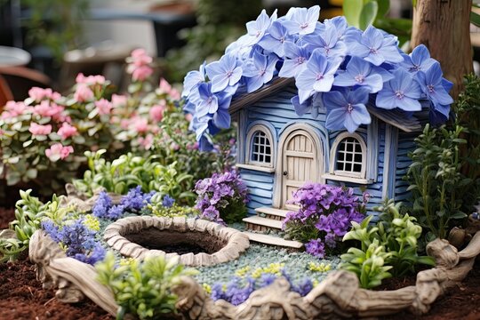 Periwinkle Color: Whimsical Fairy Garden Design with Enchanting Periwinkle Accents, generative AI