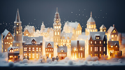 Obraz premium Ornate streetscape of white houses illuminated by Christmas lights.