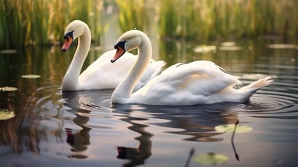 A pair of graceful swans gliding on a glassy, reflective lake, framed by reeds and water lilies.