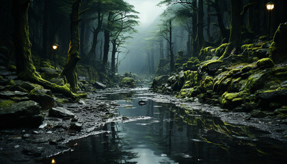 Mysterious forest, dark night, wet leaves, spooky adventure, tranquil beauty generated by AI