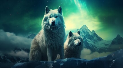 A pair of wolves on a snow-covered hillside under the northern lights.