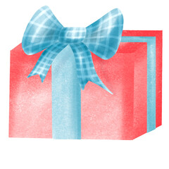 Red gift box with blue ribbon and bow Christmas Illustration